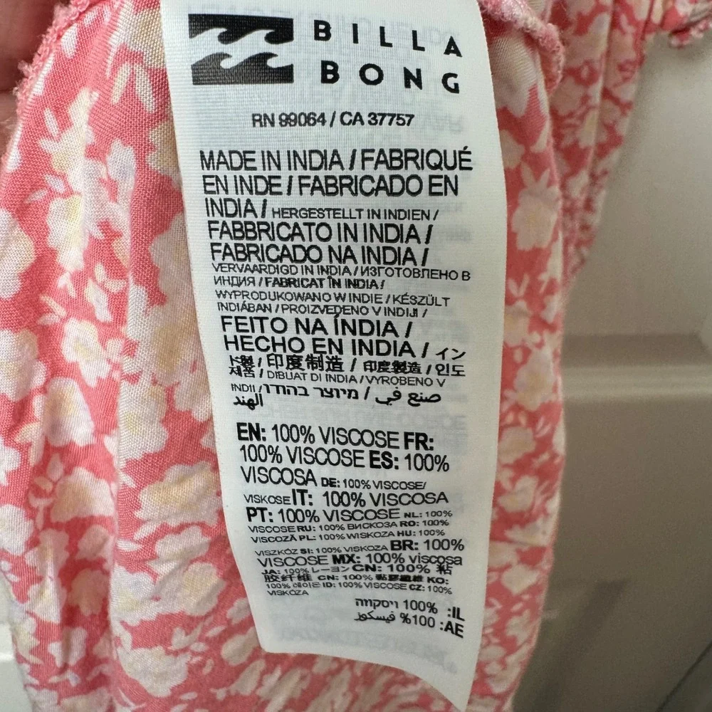 Billabong Midi Dress Womens‎ M Pink Floral Tie Shoulder Smocked Sweetheart Boho